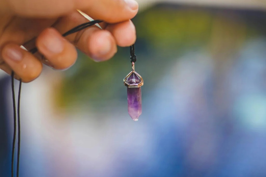 Amethyst crystal pendant on chain
