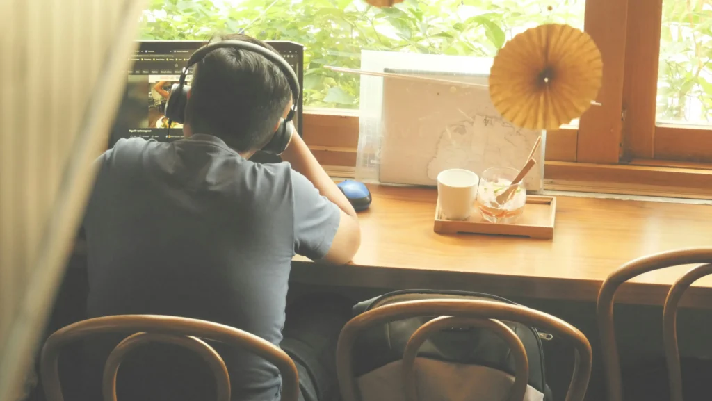 person recording travel podcast