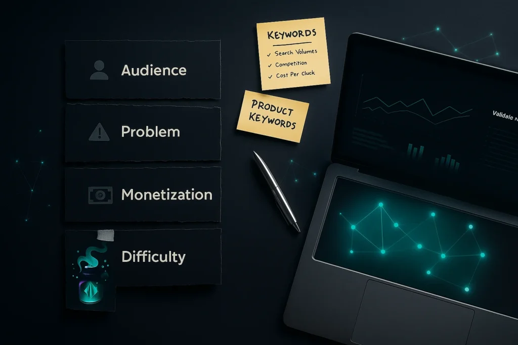 Niche research collage with audience/problem/monetization/difficulty cards, keyword notes, and laptop analytics on black.