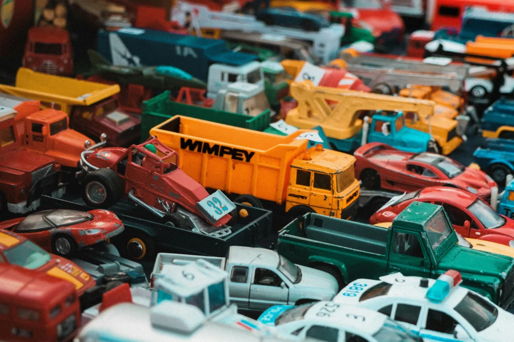 Collection of vintage toys on display