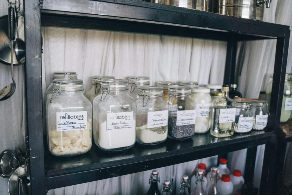 Organized pantry with labeled jars and containers