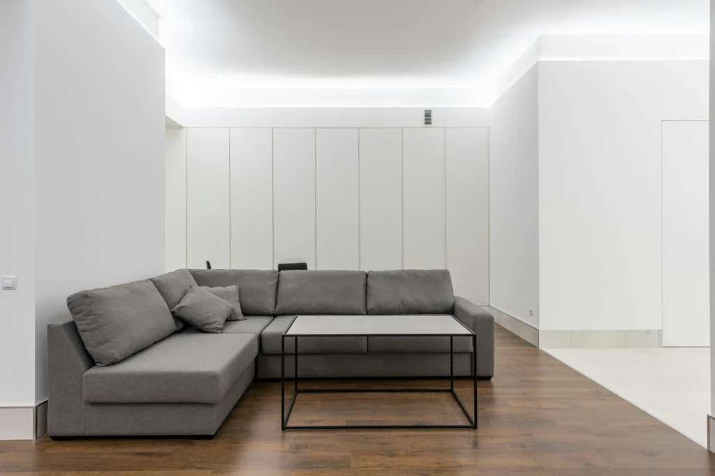 Minimalist living room with clean lines and open space