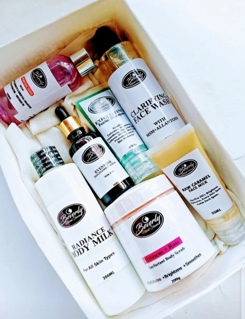 Colorful subscription box with skincare products spilling out