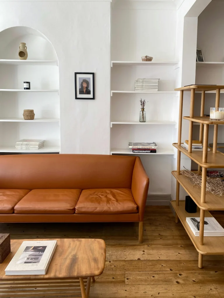 Decluttered living room with organized shelves